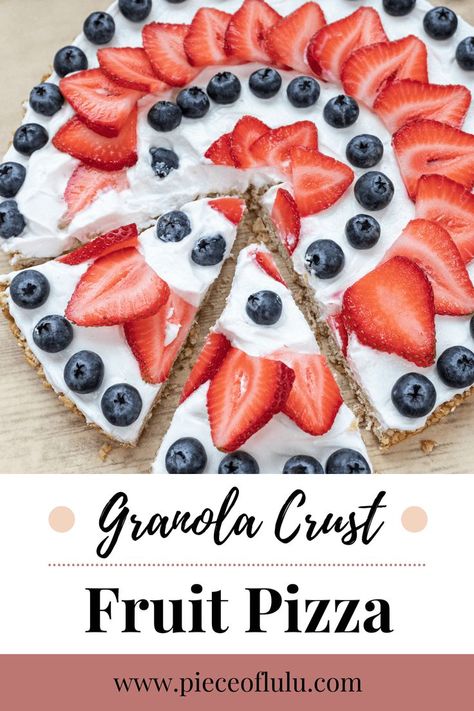 red, white, and blue fruit pizza Healthy Fruit Pizza Crust, 4th Of July Fruit Pizza, Gluten Free Fruit Pizza, Fruit Pizza Topping, Granola Crust, 4th Of July Fruit, Chocolate Covered Strawberry Cheesecake, Fruit Pizza Crust, Low Sodium Snacks