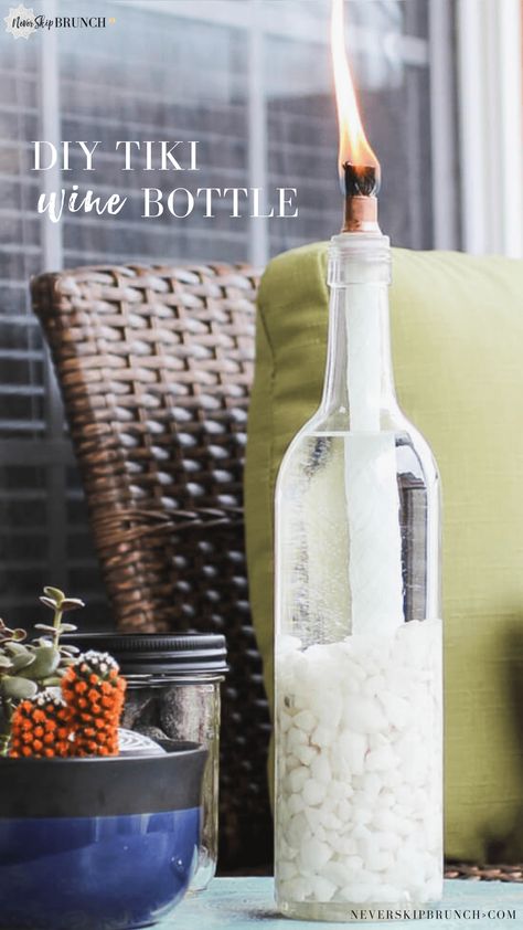 wine bottle crafts diy ideas tiki torches | tiki wine bottle | DIY tiki torch | wine bottle craft | reuse wine bottle | patio decor | recycle wine bottle | Never Skip Brunch by Cara Newhart #wine #patio #neverskipbrunch Party Decorations Diy Outdoor, Wine Bottle Tiki Torch Diy, Torches Diy, Patio Lighting Diy, Bottle Torch, Torches Tiki, Wine Bottle Tiki, Reuse Wine Bottles, Wine Bottle Tiki Torch