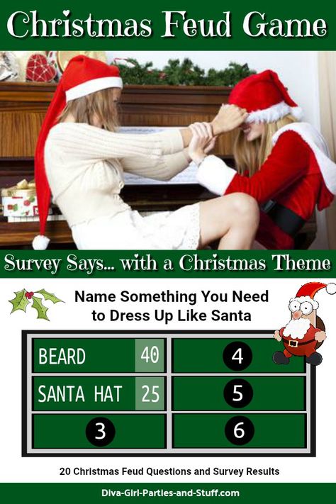 Internet survey results and instructions for a game of Christmas feud. This Christmas Family Feud game is perfect for everything from office parties to family gatherings. Christmas Family Fued, Fun Christmas Party Ideas, Christmas Family Feud, Family Feud Game, Xmas Games, Adult Christmas Party, Fun Christmas Party Games, Fun Christmas Games, Christmas Games For Family