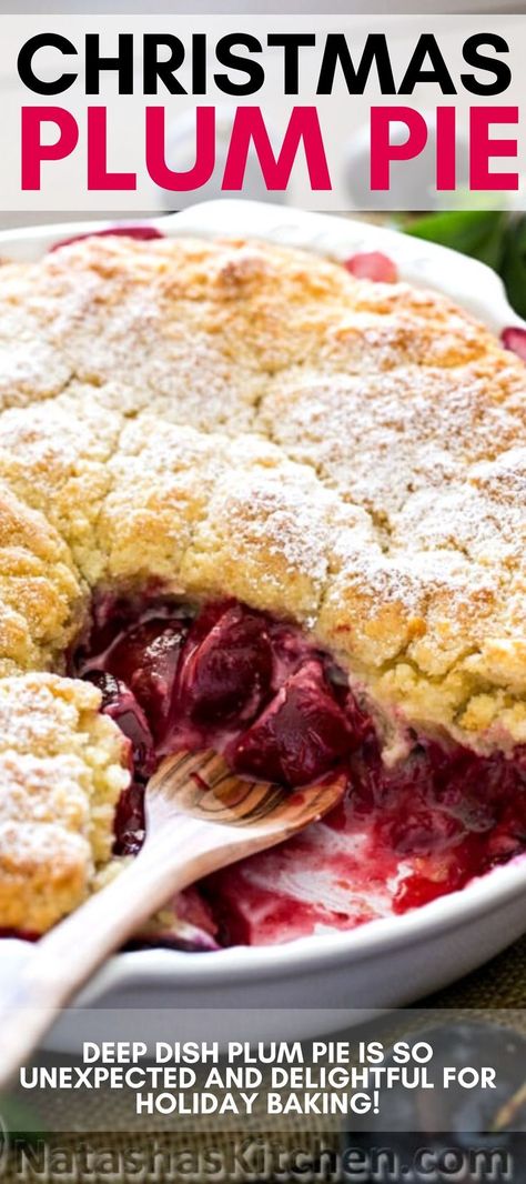 Christmas Plum PIe, This deep dish plum biscuit pie is easy to assemble, but looks and tastes like something time intensive. The homey biscuit topping is crumbly and hugs the delicious plums below. I love seeing the bubbling ruby juicies come through the center and edges of the pie. Plums just taste so so good when baked.  Your home will smell delicious and your taste buds will thank you. #pie #baking #christmas #holidaybaking #christmas Baked Piroshki Recipe, Piroshki Recipe, Plum Pie Recipe, Biscuit Pie, Classic Christmas Recipes, Holiday Entertaining Food, Plum Pie, Dessert Pie Recipes, Plum Recipes