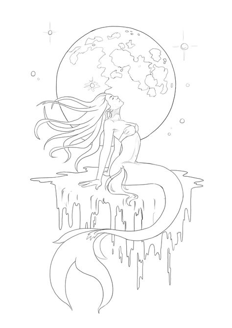 ArtStation - Moon: Mermay Day 13 colored, Yasushi Matsuoka Mermaid Outline, Wings Sketch, Mermaid Sketch, Moon And Clouds, Mermaid Moon, Pencil Drawings For Beginners, Elves Fantasy, Ocean Tattoos, Mermaid Drawings