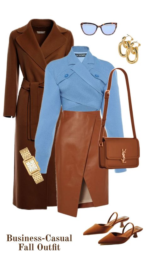 Wrapped Blouse, Fall Office Outfits, Caramel Coat, Wrapped Skirt, Office Wardrobe, Office Outfit, Golden Jewelry, Chocolate Coating, Fall 2023