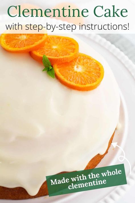 This from-scratch Clementine Cake recipe is incredibly moist, extra tender, and absolutely packed with fresh clementine flavor. It uses the whole clementine - peel included - with a secret (easy!) tip to ensure the cake isn’t bitter. Made completely in the food processor, this simple dessert will be ready to bake in under 20 minutes. Top it with a creamy glaze for a cake that is sure to impress! Clementine Cake Recipe, Clementine Recipes, Clementine Cake, Fast Snack, Bites Recipes, Orange Cake Recipe, Simple Dessert, Orange Cake, Orange Recipes