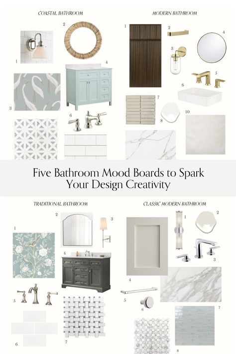 Elevate your bathroom design game with our stunning mood boards! Explore our latest blog post to 'Get The Look' for your ideal bathroom. Unleash creativity and transform your space into a personal oasis of style and comfort. Transitional Bathroom Mood Board, Timeless Bathrooms Remodel, Bathroom Remodel Mood Board, Primary Bathroom Mood Board, Bathroom Mood Board Color Pallets, Bathroom Design Boards, Modern Bathroom Mood Board, Bathroom Mood Board Inspiration, Bathroom Mood Boards