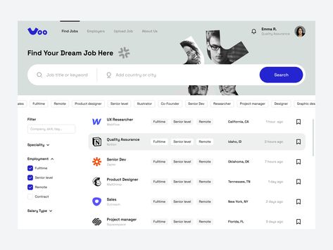 Voo - Job finder platform by Bats for Orizon: UI/UX Design Agency on Dribbble App Homepage, Search Ui, Ui System, Web Design Jobs, Ui Ux Website, Find Your Dream Job, Ux Kits, News Web Design, Job Website