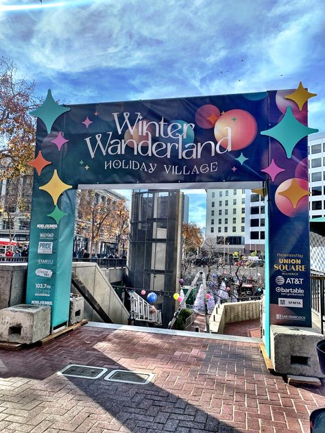 Wayfinding Signage Design Creative, Winter Wonderland Banner, Festival Stage Design Ideas, Event Concept Ideas, Christmas Event Decor Ideas, Festival Event Design, Event Banner Design, Business Vendors, Christmas Downtown