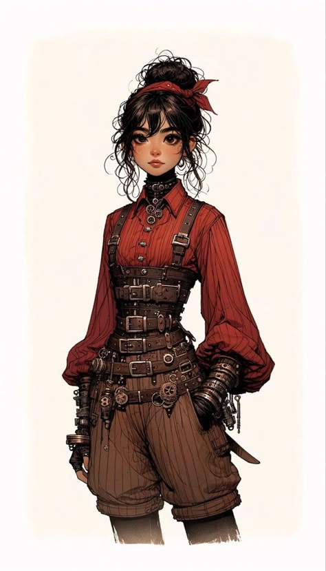 Steampunk Outfits Women Pants, Steampunk Outfit Concept Art, Art Nouveau Steampunk, Fantasy Steampunk Clothes, Diesel Punk Character Design, Steampunk Fashion Drawings, Cyberpunk Frankenstein, Steam Punk Outfits Women, Steampunk Character Design Female