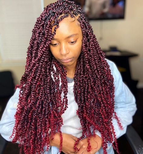 BAHALOCS ✄ on Instagram: “Small sized burgundy passion twists.” Burgundy Passion Twists Black Women, Burgundy Passion Twists, Small Passion Twists, Blk Hairstyles, Marley Twist Hairstyles, Island Twist, Hair Braid Patterns, Braid Twist, Hairstyle Braids