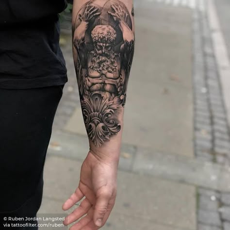 Omega Tattoo, Warrior Tattoo Sleeve, Greek God Tattoo, Atlas Tattoo, Zeus Tattoo, Black And Grey Tattoo, Filigree Tattoo, Realistic Tattoo Sleeve, Greek Mythology Tattoos