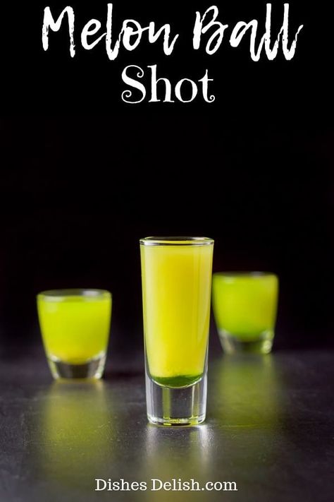 You don't have to drink a whole melon ball cocktail to try it in shot form.  This melon ball shot is so delicious and fun!  It's a small taste of the cocktail but the same name without having to imbibe the whole thing! #melonball #melonballshot #layeredshot #dishesdelish Shots With Melon Liquor, Melon Liquor Drinks Cocktail Recipes, Melon Liquor Shots, Melon Liqueur Cocktails, Melonball Cocktail, Melon Ball Drink, Melon Ball Cocktail, Midori Drinks, Jello Shooters