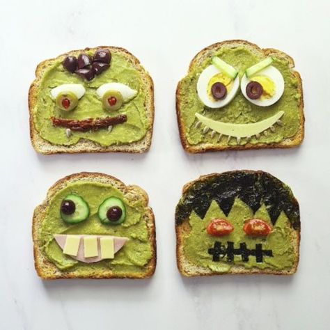 How to make Spooky Avocado Toast | AvoFresh Halloween Avocado Toast, Olive Relish, Smashed Avocado, Sliced Ham, Egg Toast, Peppers Recipes, Cheese Crackers, Healthy Snacks For Kids, Slice Of Bread