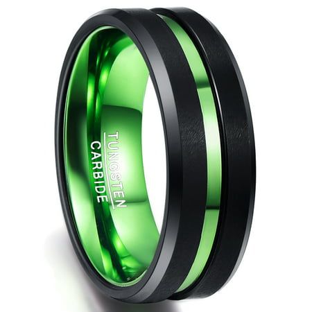 This 8mm black and green ring for men is made of tungsten carbide. It shows a green polished interior and black matte finish surface with green center groove. It has polished beveled edges and is available in size 4-16, including half sizes. Due to the durable, scratch resistant and hypoallergenic features of tungsten carbide, tungsten ring is really a good choice of wedding band for men and women. Size: one size.  Gender: male.  Age Group: adult. Skull Wedding Ring, Tungsten Carbide Wedding Bands, Black Tungsten Rings, Tungsten Rings, Black Wedding Band, Tungsten Mens Rings, Purple Rings, Black Tungsten, Tungsten Carbide Rings