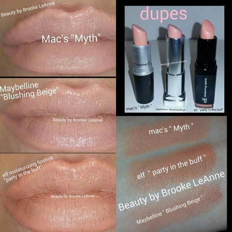 Mac myth lipstick, Maybelline blushing beige, elf moisturizing lipstick party in the buff, dupes, drugstore, makeup, beauty, m ac dupes,  lipstick dupes from the drugstore,  makeup,  beauty.  Visit: https://beautybybrookeleanne.wordpress.com/2015/03/31/mac-dupes/ Myth Mac Lipstick, Mac Myth Lipstick, Velvet Teddy Mac, Mac Myth, Lipstick Party, Lipstick Maybelline, Beauty Fotografie, Mac Lipstick Shades, Mac Velvet Teddy