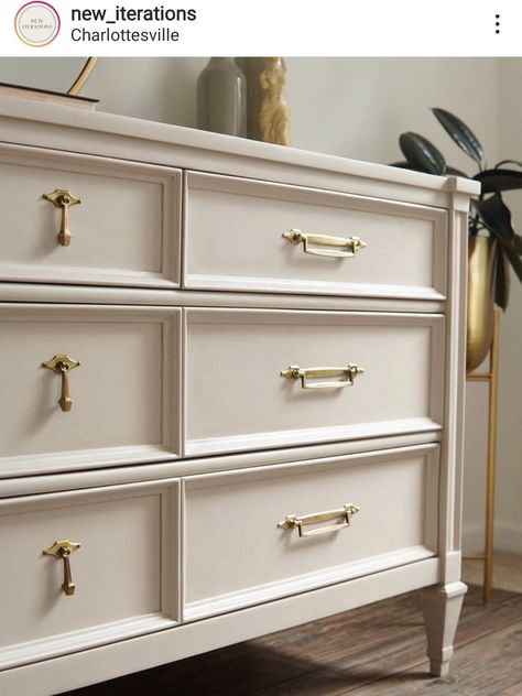 Grey Dresser Gold Hardware, Cream Dresser With Gold Hardware, Cream Colored Dresser Painted Furniture, Cream Bedroom Furniture Ideas, Cream Colored Dresser, Gold Hardware Dresser, Beige Dresser Bedroom, Cream Dressers Bedroom, Dusty Rose Dresser