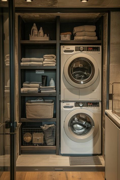 The Streamlined Laundry Solution focuses on efficiency and order with a clean and organized layout. This stacked laundry room uses straight lines and a neutral color palette to create a sense of calm and orderliness. Integrated storage systems keep supplies neatly hidden but easily accessible. This design is perfect for those who value functionality and a streamlined aesthetic in their home. Modern appliances and smart home technology enhance the efficiency of the laundry process. Walk In Closet With Stackable Washer And Dryer, Laundry Room With Stacked Washer Dryer, Laundry Room Ideas Stacked Washer Dryer, Stackable Washer Dryer Laundry Room, Stacked Laundry Room Ideas, Stacked Laundry, Laundry Station, Small Utility Room, Stacked Laundry Room