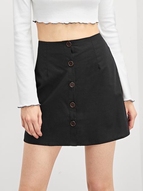 Button Up Solid Skirt -SheIn(Sheinside) Solid Skirt, Women Skirts, Fall Winter Outfits, Winter Outfit, Rompers Women, Above Knee, Jumpsuits For Women, Women's Leggings, High Waisted Skirt