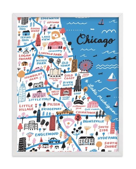 I Love Chicago, Chicago Art Print, Cartoon Map, Park River, Chicago Map, Hand Drawn Map, Unique Maps, Chicago Art, Chicago Travel