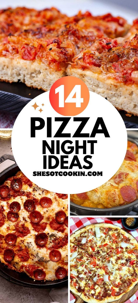 Photo collage of pizza night recipes with text overlay. Different Pizza Recipes, Cold Pizza Recipe, Pizza Potluck Ideas, Recipes Using Pizza Dough Dinners, Pizza Dough Meal Ideas, Best Pizza Recipe, Easy Pizza Ideas, Specialty Pizza Ideas, Pizza Ideas Toppings