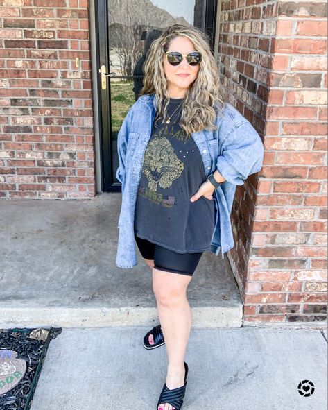 Shop this look on the LIKEtoKNOW.it app Bike Shorts Plus Size Outfit, Plus Size Biker Shorts Outfit, Bike Riding Outfit, Leather Biker Shorts, Concert Outfit Plus Size, Bike Shorts Outfit, Bike Outfits, Oversized Denim Shirt, Biker Shorts Outfit