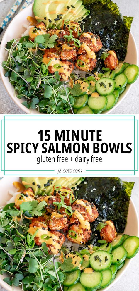 Spicy Salmon Rice Bowl Recipes, Rice Bowl Recipe Salmon, Salmon Cucumber Rice Bowl, Salmon Rice Recipes Dinners, Viral Salmon Rice Bowl, Salmon Bowl Tiktok, Salmon Chunks Recipe, Salmon Avocado Rice Bowl, Tiktok Salmon Bowl