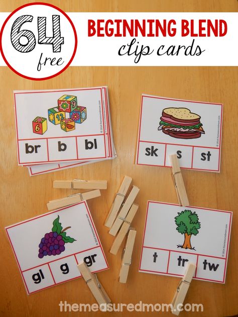 Free clip cards for beginning blends | The Measured Mom Beginning Blends, The Measured Mom, Measured Mom, Blends Activities, Kindergarten Centers, Reading Centers, Teaching Literacy, Clip Cards, Kindergarten Literacy