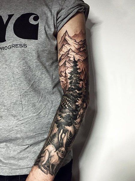 55 Best Arm Tattoo Ideas for Men in 2020 - The Trend Spotter Owl With Mountains Tattoo, Mountain Animal Tattoo, Mountain Reference, Mountain Tattoo Sleeve, Horn Tattoo, Forest Tattoo Sleeve, Nature Sleeve, Etching Tattoo, Nature Tattoo Sleeve