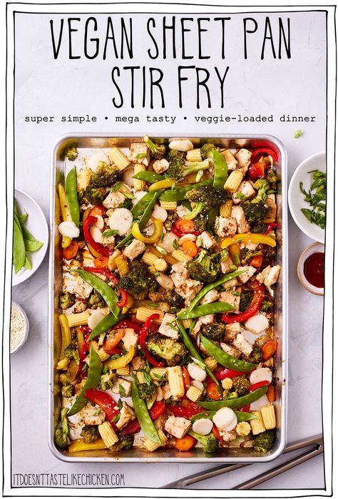 Looking for a super simple, mega tasty, veggie-loaded dinner? Vegan Sheet Pan Stir Fry is what you need! All the flavors of a vegetable stir fry, minus the messy frying. Just toss all the veggies and tofu on a baking sheet, coat in the simple stir-fry sauce, and let the oven do its magic. The vegetables come out perfectly tender crisp, and full of flavor. Serve on rice or noodles for an easy weeknight meal that's packed full of good-for-you veggies! #itdoesnttastelikechicken #sheetpan #stirfry Vegan Teriyaki Stir Fry, One Pan Dinner Vegetarian, Sheet Pan Stir Fry Vegetables, Sheet Pan Vegetarian Meals, Diy Stir Fry, Oven Stir Fry, Sheet Pan Stir Fry, Vegan Tofu Stir Fry, Tofu Dinner