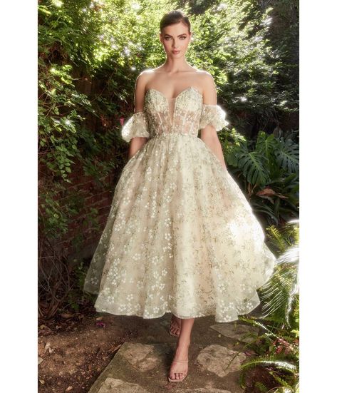 Midi Dress Bride, Organza Fabric Dresses, Andrea And Leo, Midi Gown, Corset Design, Sheer Corset, Tea Length Skirt, Tea Length Wedding, Bridesmaid Dresses Prom