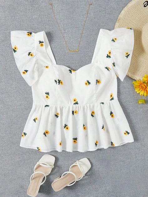 Multicolor Cute Collar Short Sleeve Woven Fabric Floral Peplum Embellished Non-Stretch  Women Plus Clothing Short Peplum Top, Peplum Top Outfits Casual, Peplum Top Outfits, Embroidery Butterfly, Butterfly Sleeve Blouse, Tops For Women Casual, Trendy Crop Tops, Clothing Business, Corset Fashion