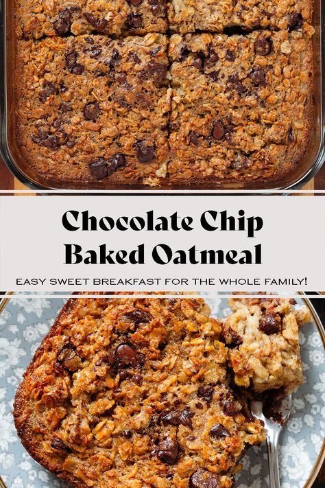 This Chocolate Chip Baked Oatmeal is an easy sweet breakfast or brunch, perfect for the whole family! You can make it ahead as meal prep and it's perfect for a crowd! The baked oats are crispy and caramelized on the outside and soft and chewy on the inside with pockets of melted dark chocolate. It's simple, easy to make, and freezer-friendly! Baked Oatmeal For A Crowd, Overnight Baked Oatmeal Recipes, Oatmeal Baked Breakfast, Make Ahead Baked Oatmeal, Soft Baked Breakfast Bars, Low Calorie Oatmeal Bake, Healthy Oatmeal Bake Breakfast, Oatmeal Casserole Baked, Oatmeal Bake Breakfast Healthy