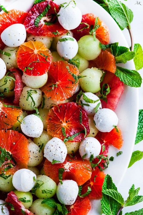 Winter Citrus Melon Caprese Salad | aberdeenskitchen.com Salad Citrus, Healthy Holiday Appetizers, Zesty Salad, Caprese Salad Recipe, Champagne Vinaigrette, Recipes Savory, Citrus Recipes, Savory Salads, Fresh Mint