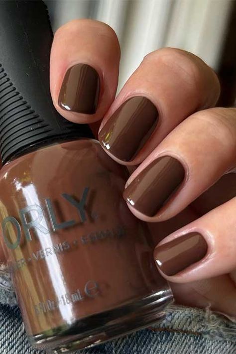 Orly Don't Be Suspicious Chocolate Brown Nails Short, Chocolate Brown Nail Polish, Short Chocolate Nails, Chocolate Nails Design Brown, Brown Nail Polish Colors, Short Nails Ideas Brown, Brown Toe Nail Polish, Short Brown Nails Ideas, Nails Brown Short