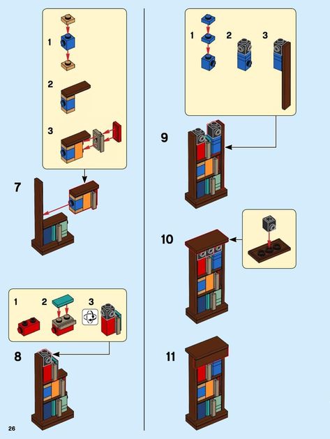 Lego Bookshelf Instructions, Lego Buildings Ideas, Free Lego Instructions Step By Step, Free Lego Instructions, Easy Lego Creations With Instructions, Lego Building Ideas Instructions, Lego Furniture Instructions, Custom Lego Builds, Lego Ideas To Build Easy House