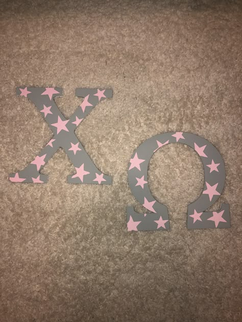 Chi Omega Star letters Painted Wooden Letters Sorority Cute Ideas, Painting Sorority Letters, Chi Omega Letters Painted, Greek Letters Painted Sorority, Zta Letters Painted, Sorority Letter Designs, Sorority Letters Painted Wooden, Aoii Paintings, Sorority Painted Letters