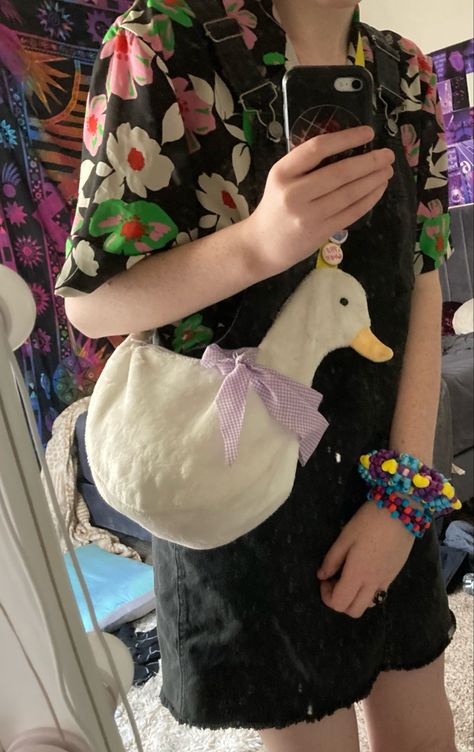 Kandi Purse, Duck Purse, Chicken Purse, Duck Bag, Oc Stuff, Black Overalls, Sewing Purses, Perler Bead, Cute Bags