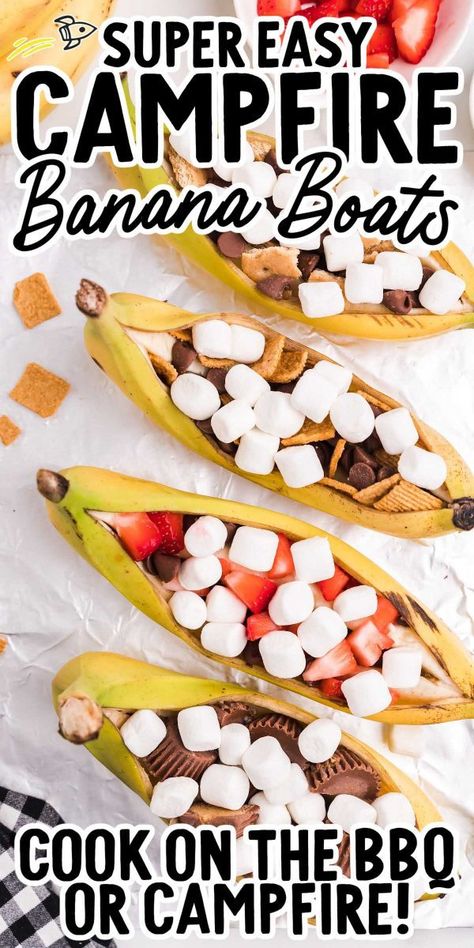 Campfire Banana Boats Banana Boats Camping, Campfire Banana Boats, Banana Boat Recipe, Campfire Bananas, Campfire Snacks, Banana Boats, Christmas Camping, Grilled Bananas, Pioneer Camp