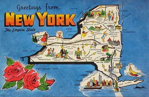 Greetings from New York map postcard New York Map, Tourist Map, Map Of New York, Maria Montessori, Vintage Souvenir, Upstate New York, State Map, New York State, Vintage Postcard