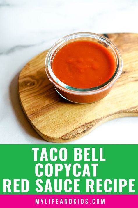 This is a bonkers easy recipe! With only two main ingredients and a bunch of spices, you can whip this famous Taco Bell CopyCat Red Sauce up in no time. Doubling the batch is not even reckless - once you see how fast it goes! Perfect for Mexican night at your house - use it on tacos, burritos, quesadillas, nachos and more. Taco Bell Red Sauce Recipe, Taco Sauce Recipe, Taco Bell Taco, Taco Sauce Recipes, Taco Bell Sauce, Taco Bell Copycat, Red Sauce Recipe, Taco Bell Recipes, Taco Time