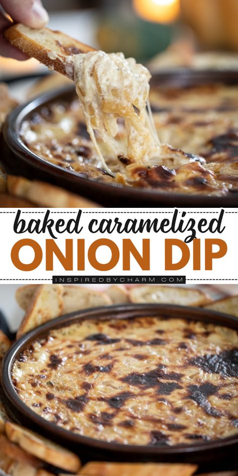 Don't miss out on one of the best football appetizers! Rich, creamy, and bursting with flavor, this Baked Caramelized Onion Dip is an easy game day food everyone will love every time. Save this simple tailgating recipe and enjoy this hot dip! Recipe For Cold Weather, Baked Dip Recipes, Super Bowl Desserts, Spicy Buffalo Chicken Dip, Party Appetizer Dips, Appetizer Dip Recipes, Bowl Desserts, Tzatziki Dip, Yummy Appetizers Parties