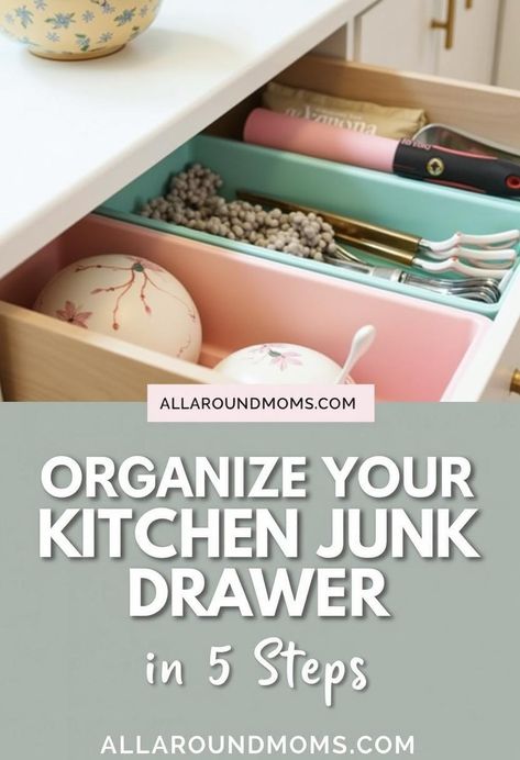 Organizing your kitchen junk drawer is a simple and rewarding task that can significantly improve your kitchen's functionality. This five-step process involves removing items, categorizing, discarding unnecessary objects, cleaning, and implementing an organizational system. By transforming your cluttered drawer into an efficient storage space, you'll streamline daily routines and enhance overall kitchen organization. Discover how to tackle this common household challenge. Kitchen Junk Drawer, Junk Organization, Junk Drawer Organizing, Clear Bins, Organization Essentials, Junk Drawer, Organize Drawers, Drawer Dividers, Kitchen Drawers