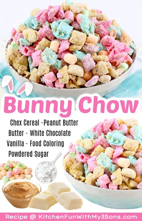 Easter Puppy Chow (aka Bunny Chow) is a delicious mix of Chex cereal, white almond bark, peanut butter, butter, vanilla, sugar, and mini marshmallows. Easter Bunny Chow, Easter Puppy Chow, Easter Trail Mix, Easter Deserts, Bunny Chow, White Almond Bark, Puppy Chow Recipes, Trail Mix Recipes, Easter Snacks