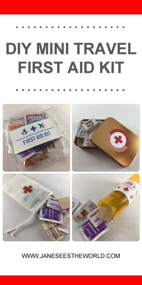 Here at Jane Sees the World, we recommend you pack a few basic first aid items and medications. Your mini travel first aid kit does not have to be fancy. Simply throw a few things together, label them properly and hit the road. Diy Containers, First Aid Kit Travel, First Aid Kit Checklist, Mini Emergency Kit, Diy First Aid Kit, Camping First Aid Kit, Mini First Aid Kit, First Aid Tips, Basic First Aid