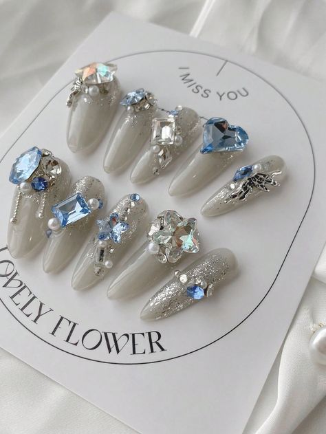 Baby Blue  Collar     Embellished   Nail,Hand & Foot Care Ocean Stars, Birthday Nail Art, Cinderella Theme, Dance Parties, Nails Design With Rhinestones, Rhinestone Decor, Birthday Nails, Rhinestone Nails, Dance Party