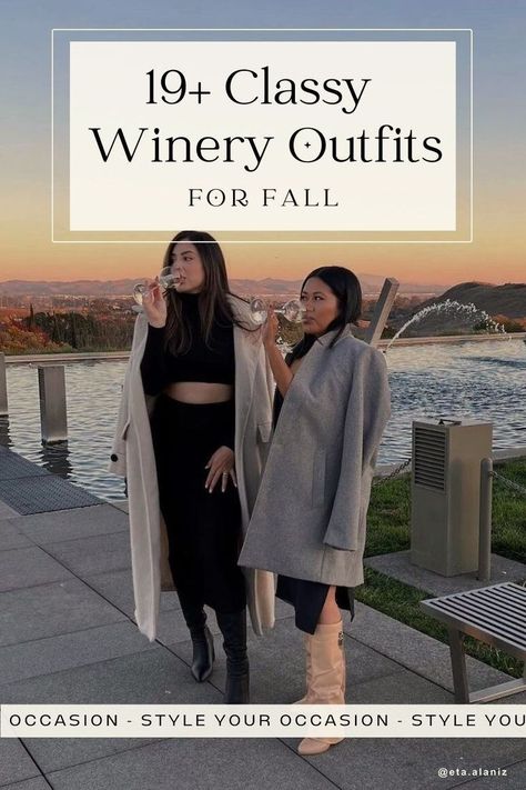 See our list of 19+ must-try fall winery outfits! 🍁 🍷 Whether you're planning a California wine tasting adventure or simply visiting a vineyard for a stroll in the cold, we've got you covered! From cute jeans to flirty skirts, and dresses, you'll love these fall winery outfit ideas! Cheers to a season of unforgettable moments and fabulous style with these chic outfits! ✨ Dresses For Wine Tasting, Winery Outfit Birthday, Outfits To Go To A Winery, Winery Looks For Women, Casual Vineyard Outfits, Chic Napa Outfits, Wine Tasting Outfit Cold Weather, Indoor Wine Tasting Outfit, Warm Wine Tasting Outfits