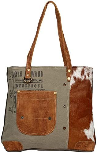 Amazon.com: Myra Bag Leather Pocket Upcycled Canvas Tote Bag S-1236, Brown, One Size: Shoes Cowhide Bag, Upcycled Leather, Leather Pocket, Fashion Tote Bag, Travel Business, Tote Bag Purse, Denim Bag, Zipper Top, Tote Purse