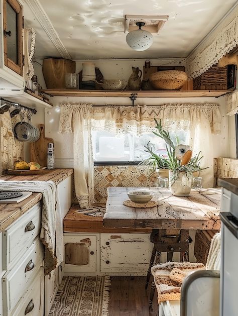 Cottage Camper Remodel, Coffee Camper Interior, Cottage Core Camper, Rustic Camper Decor, Small Caravan Interior, Glamping Camper, Hippie Camper, Boho Camper, Vintage Camper Interior