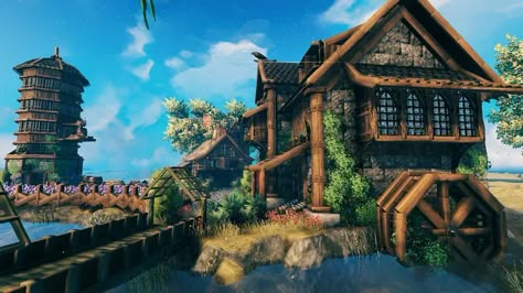 Medieval watermill Farmhouse Valheim Build Valheim Farm, Valheim Builds, Guild Hall, Viking House, Conan Exiles, Ark Survival Evolved, Viking Culture, Build Inspiration, Building Games