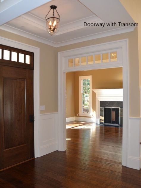 Dark Doors And Trim, Garage To Living Room, Elegant Farmhouse Living Room, Foyer Trim, Front Entry Living Room, Interior Transom Windows, Interior Transom, Window Extension, House Office Design