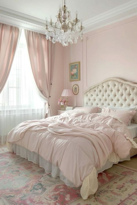 Light Pink Room Walls, Pink Paris Bedroom, Light Pink Bedroom, Young Woman Bedroom, Light Pink Rooms, Bedroom Girly, Light Pink Bedrooms, Princess Bedding, 4 Daughters