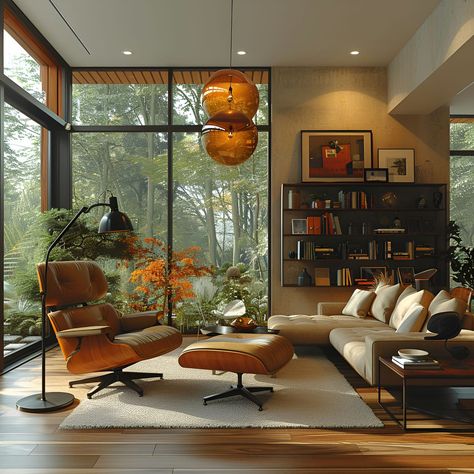 Explore this stunning sitting room design featuring an iconic orange Eames chair and ottoman, floor-to-ceiling windows that reveal a serene forest view, and cozy bookshelves. Wooden floors and warm beige walls complement the space, while an amber pendant light adds a touch of warmth. The perfect spot for relaxation and reading, surrounded by nature. Living Room With Sunlight, Reading Room Lighting, Floor To Ceiling Windows Living Room, Warm Office Decor, Eames Living Room, Relaxing Reading Room, Cozy Bookshelves, Eames House Interior, Reading Chair With Ottoman